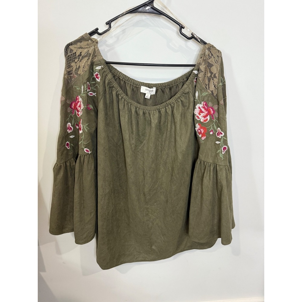 Umgee Embroidered Floral Olive Green Bell Sleeve Off Shoulder Top Small
